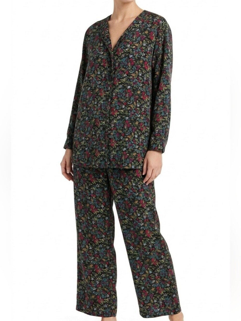 VTG Jennifer Moore Wildflower Silky Pajama Pant Set Black Floral S